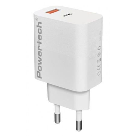 Powertech Φορτιστής Χωρίς Καλώδιο GaN με Θύρα USB-A και Θύρα USB-C 30W Quick Charge 3.0 Λευκός (PT-1433)