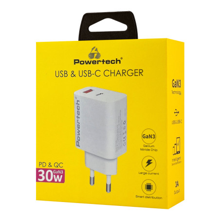 Powertech Φορτιστής Χωρίς Καλώδιο GaN με Θύρα USB-A και Θύρα USB-C 30W Quick Charge 3.0 Λευκός (PT-1433)