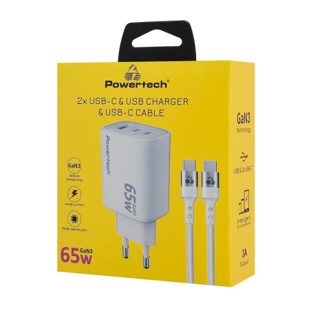 Powertech Φορτιστής GaN με Θύρα USB-A και 2 Θύρες USB-C και Καλώδιο USB-C - USB-C 65W Power Delivery Λευκός (PT-1415)