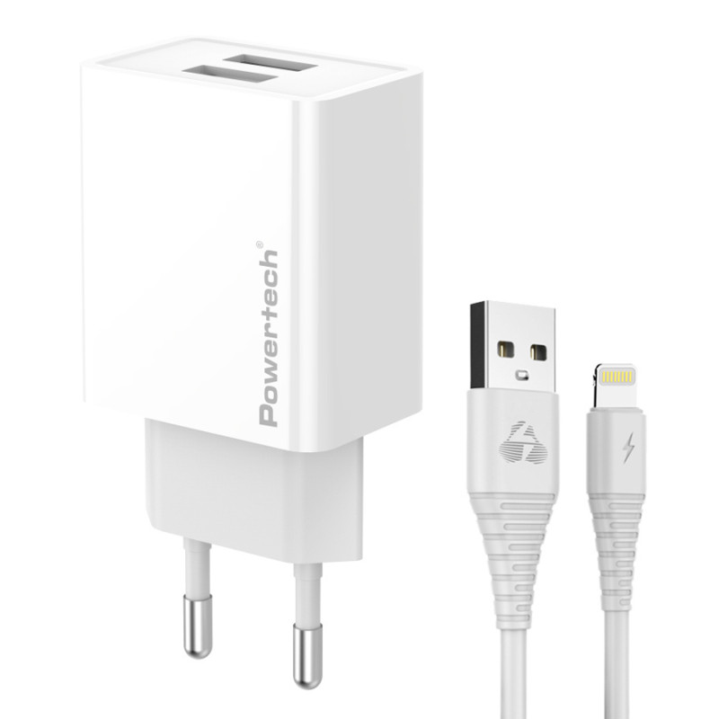 Powertech Φορτιστής με 2 Θύρες USB-A και Καλώδιο Lightning 12W Λευκός (PT-1325)