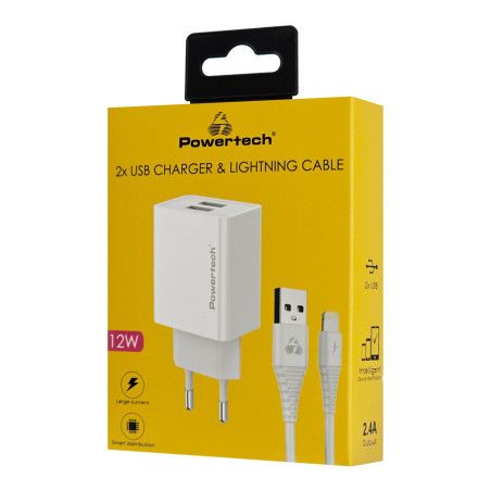 Powertech Φορτιστής με 2 Θύρες USB-A και Καλώδιο Lightning 12W Λευκός (PT-1325)